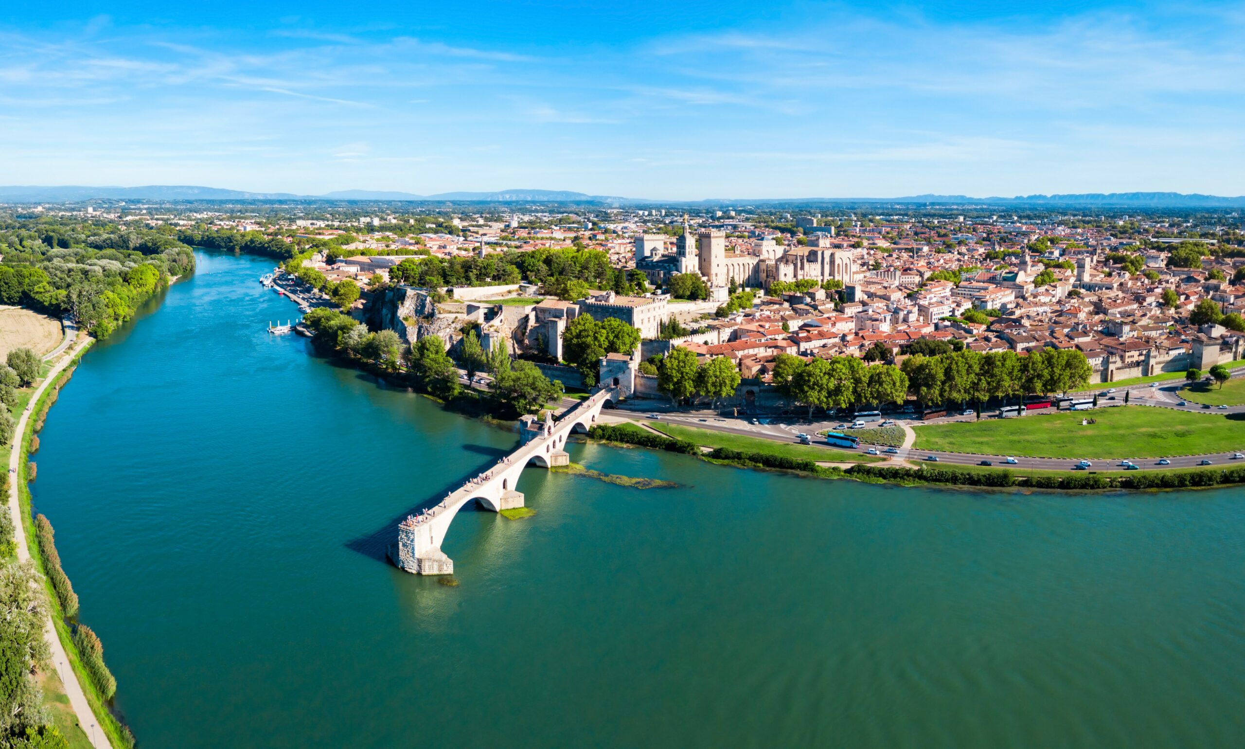 Pont Saint Benezet bridge and Rhone river aerial panoramic view in Avignon. Avignon is a city on the Rhone river in southern France.